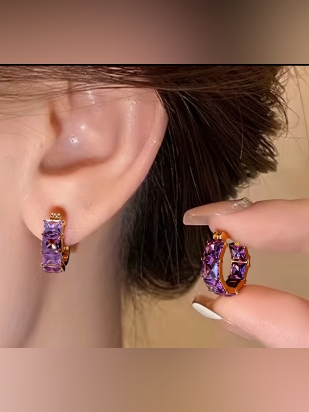 Gold Hoop Earrings with Purple Crystal Accents